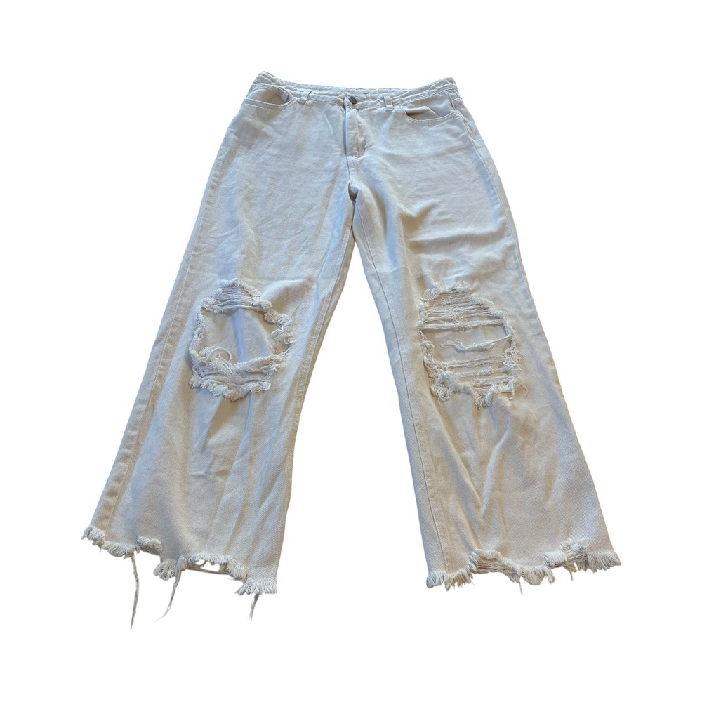 Anniewear Los Angeles White Distressed‎ Wide Leg Jeans Frayed Hem Size S